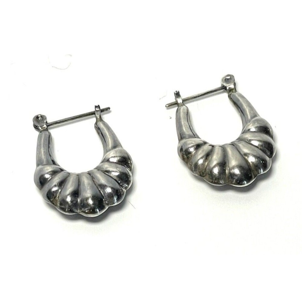 Vintage 925 Sterling Silver Puffy Ribbed Hoop Earrings Scalloped Boho Statement - Picture 3 of 4